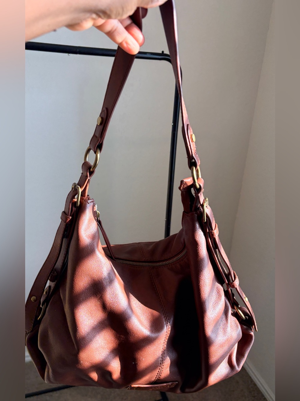 Soft Pebbled Brown Leather Shoulder Bag with Brass Hardware